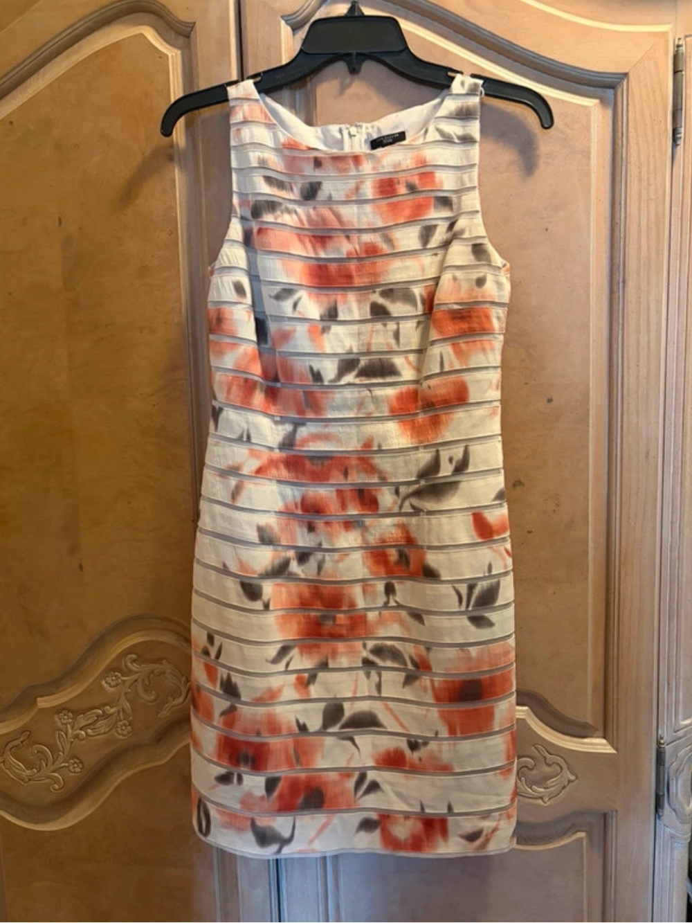 Ann Taylor Cream Midi Sheath Dress with Coral and Gray Floral Motif